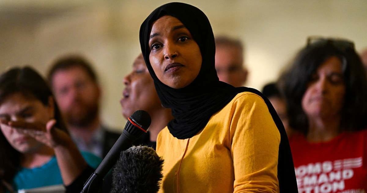 Ilhan Omar (D-MN) (C) speaks during a press conference at City Hall on August 28, 2025 in Minneapolis, Minnesota (Getty Images)