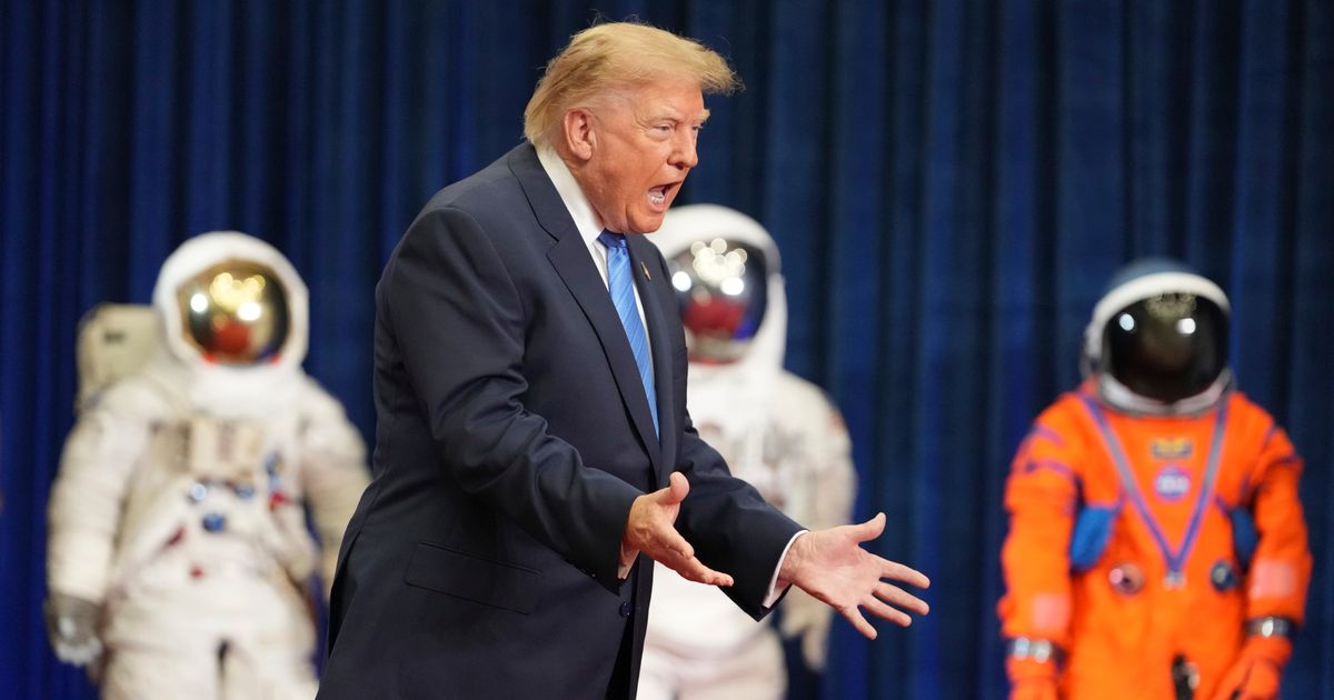 President Donald Trump arrives to present the Congressional Space Medal of Honor to Artemis II crew members, Friday, August 28, 2026, at Johnson Space Center in Houston (AP Photo/Mark Schiefelbein)