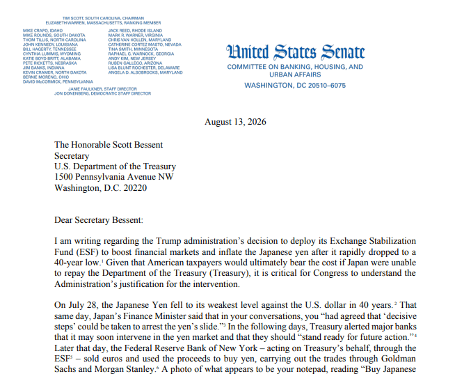 Sen. Elizabeth Warren's August 13 letter questioned the Trump administration's use of Treasury funds for the intervention in Japan's currency market.