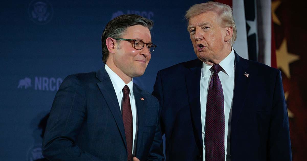 An interview segment produced an unexpected visual mismatch as House Speaker Mike Johnson's remarks played alongside footage of President Donald Trump (Chip Somodevilla/Getty Images)