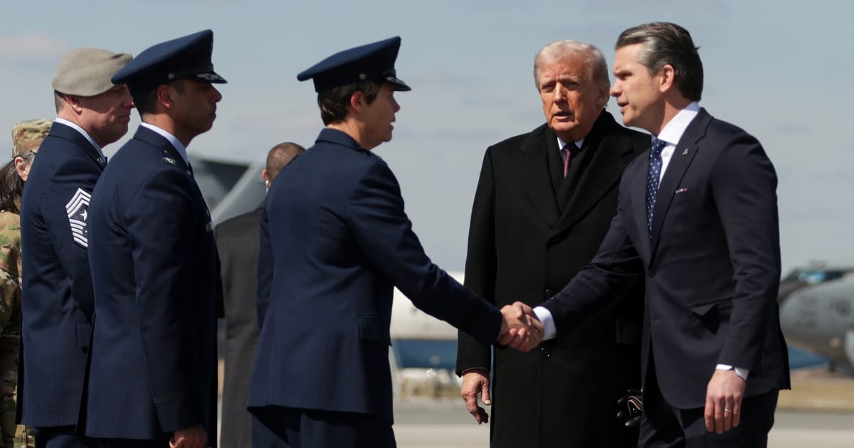 President Donald Trump and Secretary of War Pete Hegseth arrive at Dover Air Force Base on March 18, 2026, in Dover, Delaware (Getty Images)