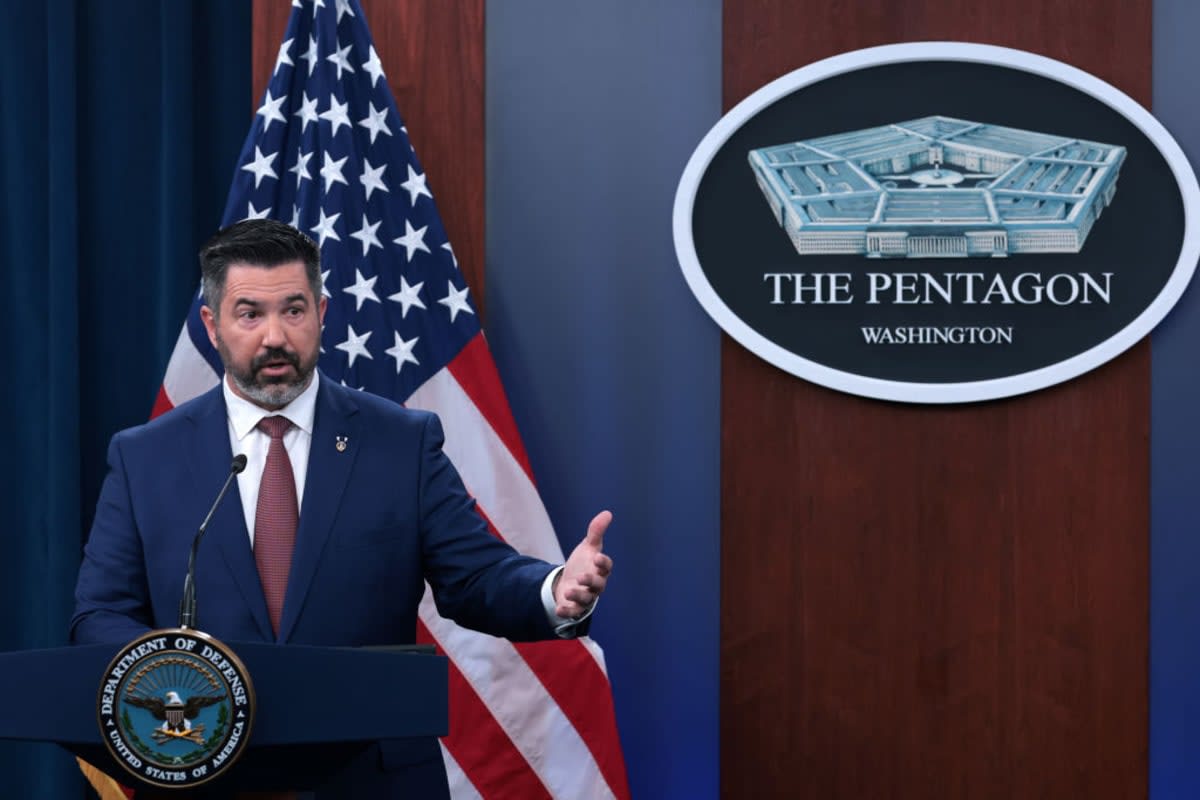 Chief Pentagon Spokesman Sean Parnell speaks during a press conference at the Pentagon on March 17, 2025 in Arlington, Virginia. Chief Pentagon Spokesman Parnell held his first news briefing to answer questions from members of the press. (Photo by Alex Wong/Getty Images)