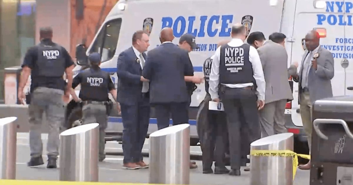 This image made from video provided by WABC shows NYPD officers on the scene after Pamela Cisneros was shot by officers in Times Square in New York, Monday, August 31, 2026 (WABC via AP)