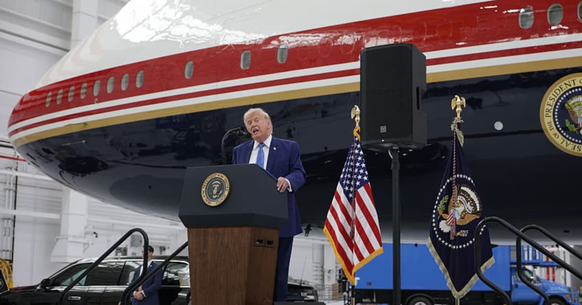 President Donald Trump delivers remarks after touring the newest aircraft in the presidential fleet at Andrews Air Force Base on June 19, 2026, at Joint Base Andrews, Maryland (Getty Images)
