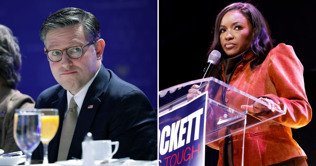 A social media post claims Mike Johnson moved Jasmine Crockett's office to a filing room without windows for interrupting members of the House (Getty Images)