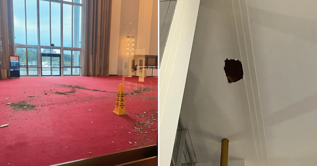A ceiling section collapsed at Kennedy Center after storms, temporarily closing the Grand Foyer while officials cited maintenance problems (@TKCOfficial/X)