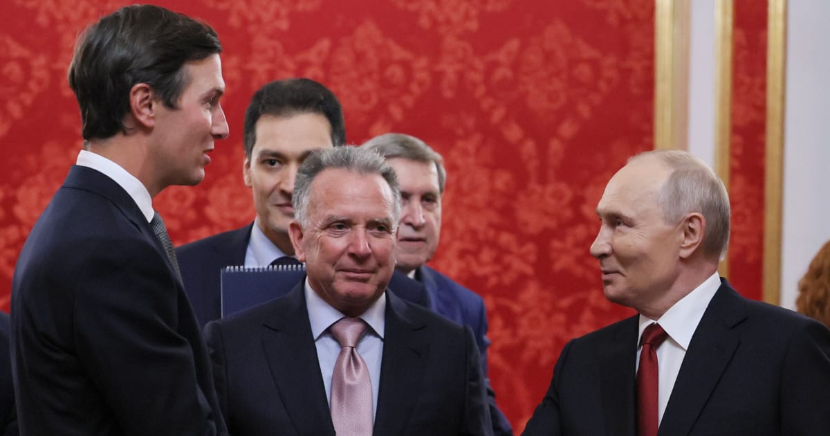 President Vladimir Putin greets US President Donald Trump's envoys Jared Kushner and Steve Witkoff prior to talks at the Senate Palace of the Kremlin in Moscow on Saturday, September 5, 2026 (Mikhail Metzel/Sputnik/Kremlin Pool Photo)