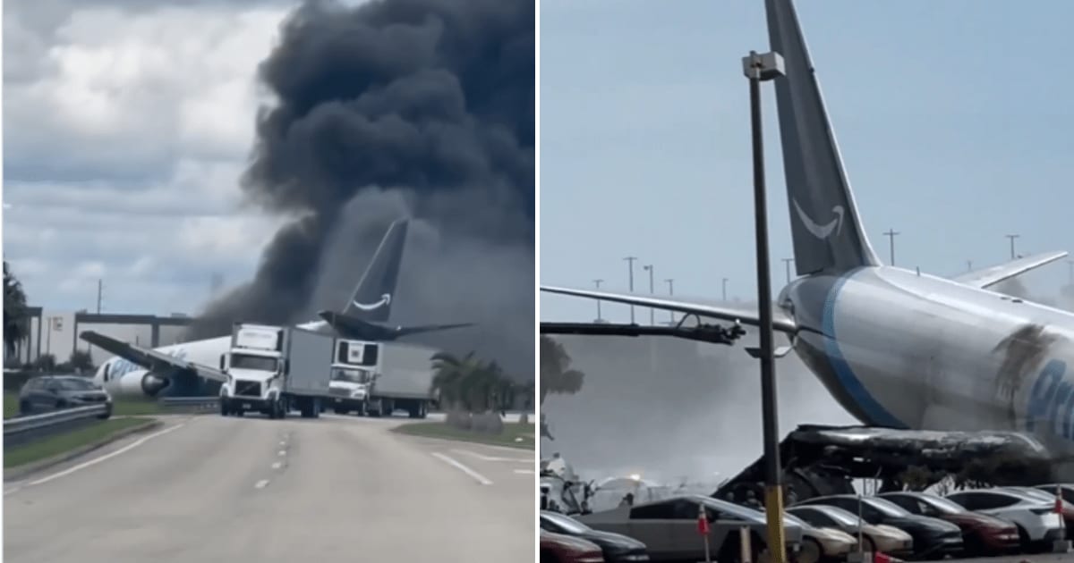 Amazon cargo plane overran the runway at Miami International Airport, catching fire as emergency crews responded amid reports of possible casualties (AZ Intel, @NickSortor/X)