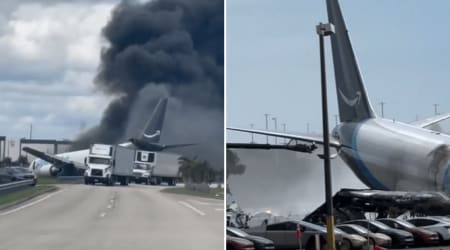 Horrifying scene at Miami airport as plane crashes, crosses road with flames erupting