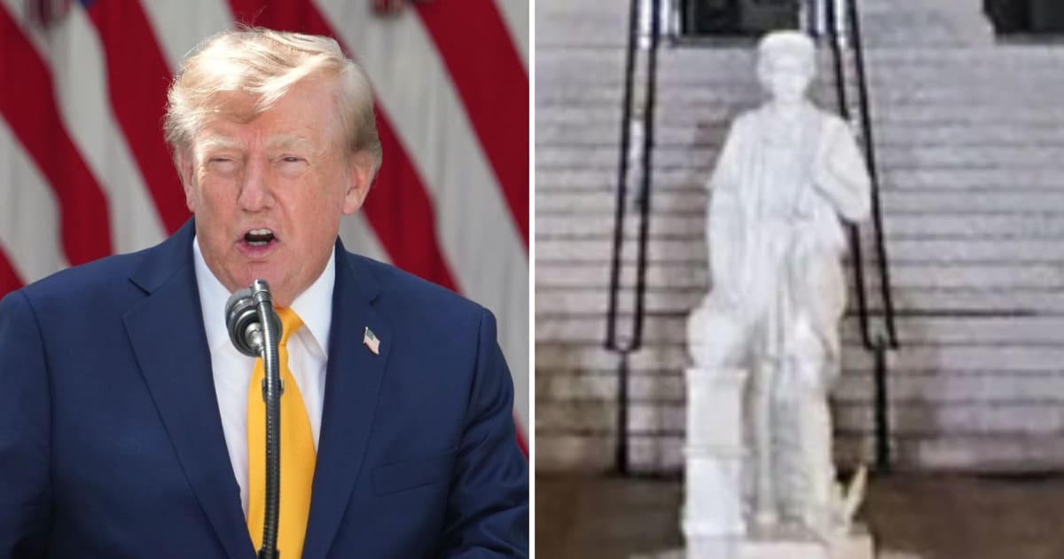 The 13-foot, one-ton Christopher Columbus statue was installed in March as part of the administration’s America250 celebrations (Getty Images, X/@TrumpTruthOnX)