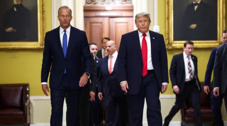 ‘No, no, John is working hard’: Trump defends Thune after GOP boos Senate leader at RNC event