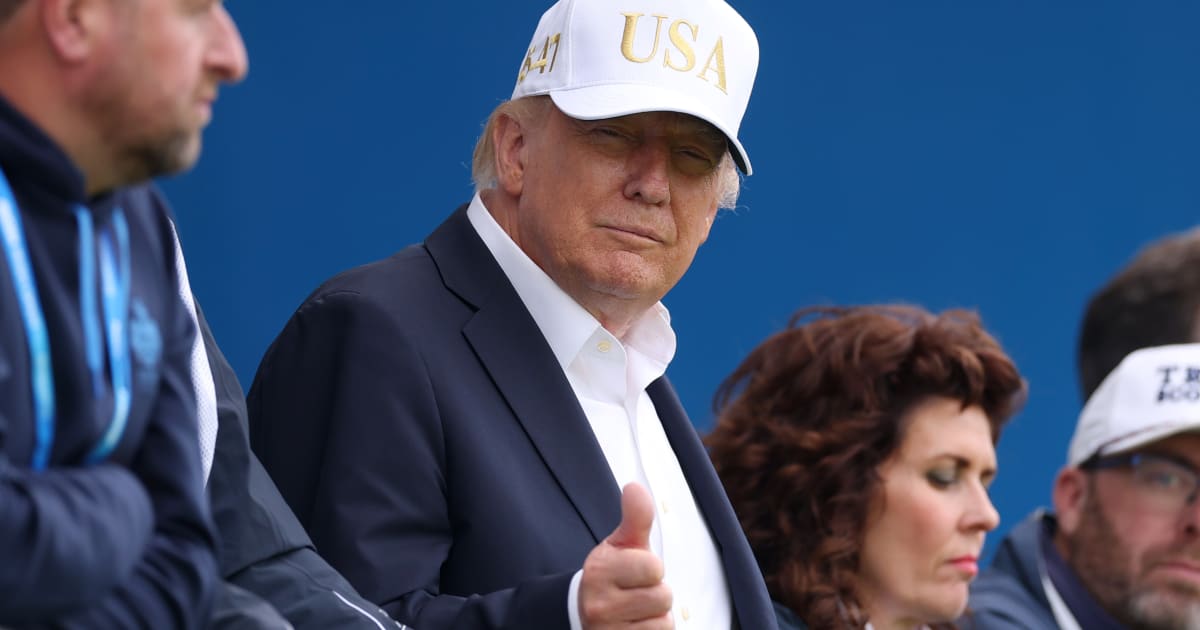 President Donald Trump gestures a thumbs up as he looks across the 18th green on day three of the Amgen Irish Open at Trump International Golf Links in Doonbeg on September 12, 2026, in Clarecastle, Ireland (Warren Little/Getty Images)