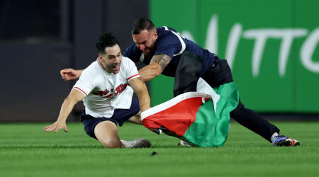 Goosebumps as fans erupt in 'USA' chants after flag-carrying intruder tackled at Yankee Stadium
