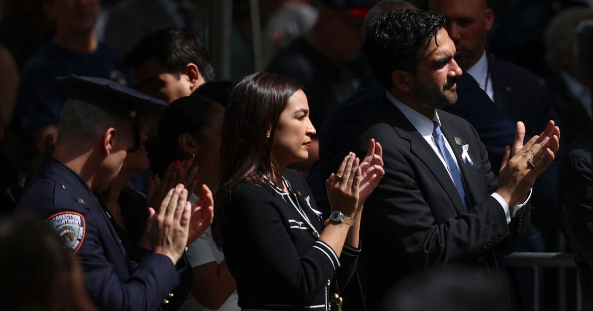 US Rep Alexandria Ocasio-Cortez, D-NY, and New York City Mayor Zohran Mamdani participate in a memorial on the 25th anniversary of the September 11, 2001 attacks, Friday, Sept 11, 2026, in New York (AP Photo/Pamela Smith)
