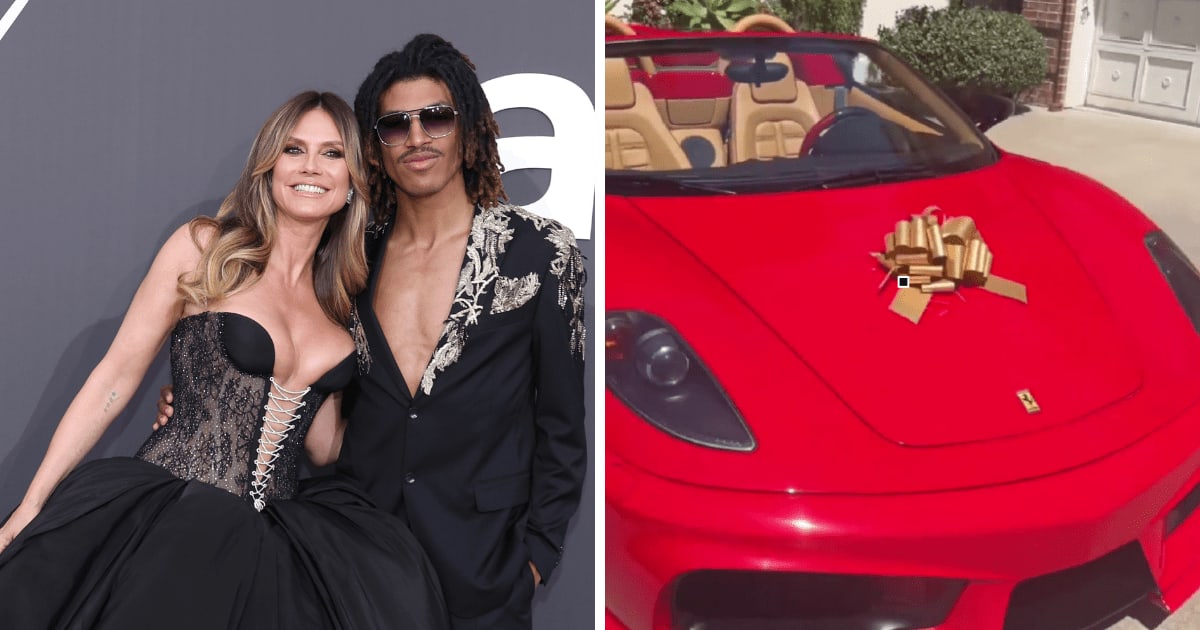 Heidi Klum gifted her son Henry a red Ferrari F430 for his 21st birthday, fulfilling a Mario Kart bet he made with Tom Kaulitz years ago (Getty Images, Screengrab/@heidiklum/Instagram)