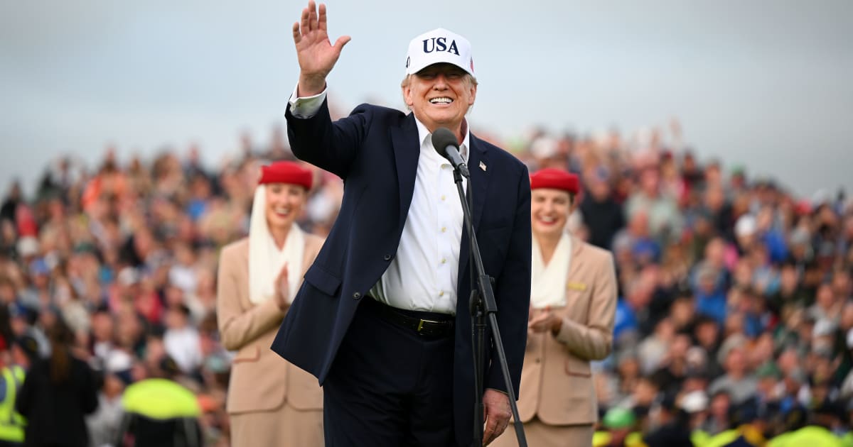 President Donald Trump is pictured on the 18th green during the prize presentation on the final day's play at the Amgen Irish Open on September 13, 2026, in Doonbeg, Ireland (Getty Images)