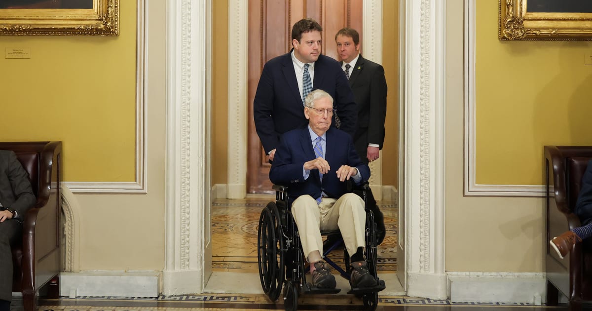Sen Mitch McConnell (R-KY) is pushed in a wheelchair through the Capitol during weekly policy luncheons on April 21, 2026, in Washington, DC (Heather Diehl/Getty Images)