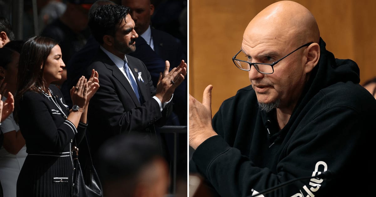 A social media post claims Sen. John Fetterman defected to the Republican Party after Mayor Zohran Mamdani and Rep. Alexandria Ocasio-Cortez were seen giggling at the 9/11 event (AP Photo, Getty Images)