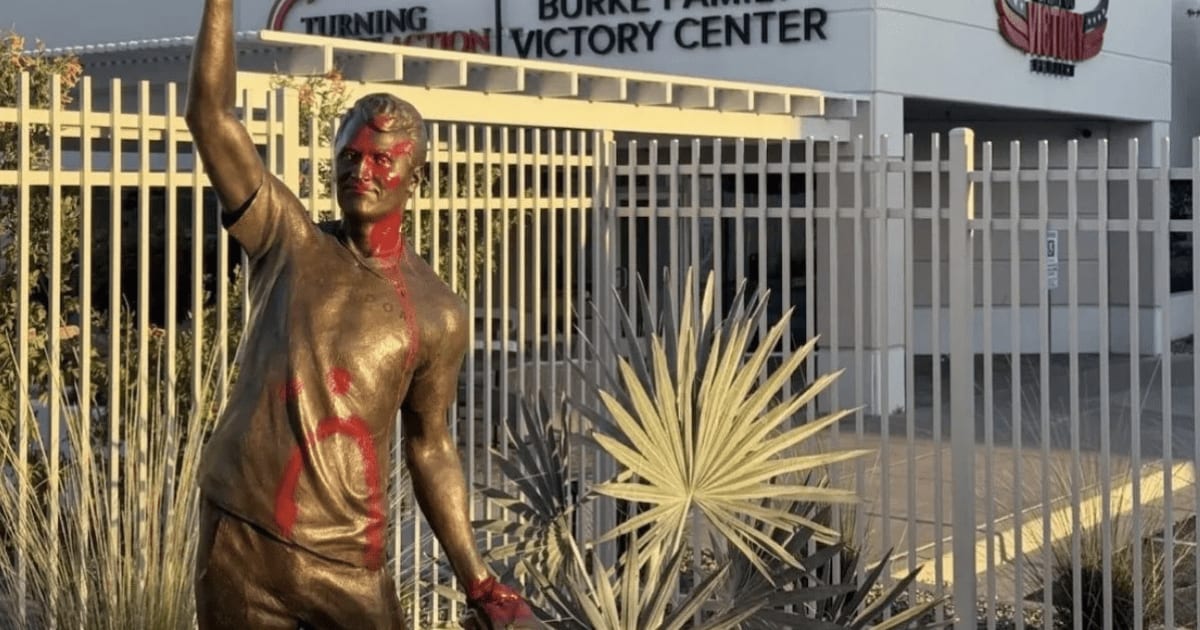 Charlie Kirk’s statue was allegedly vandalized with red paint by left-wing activists  (@bennyjohnson/X)