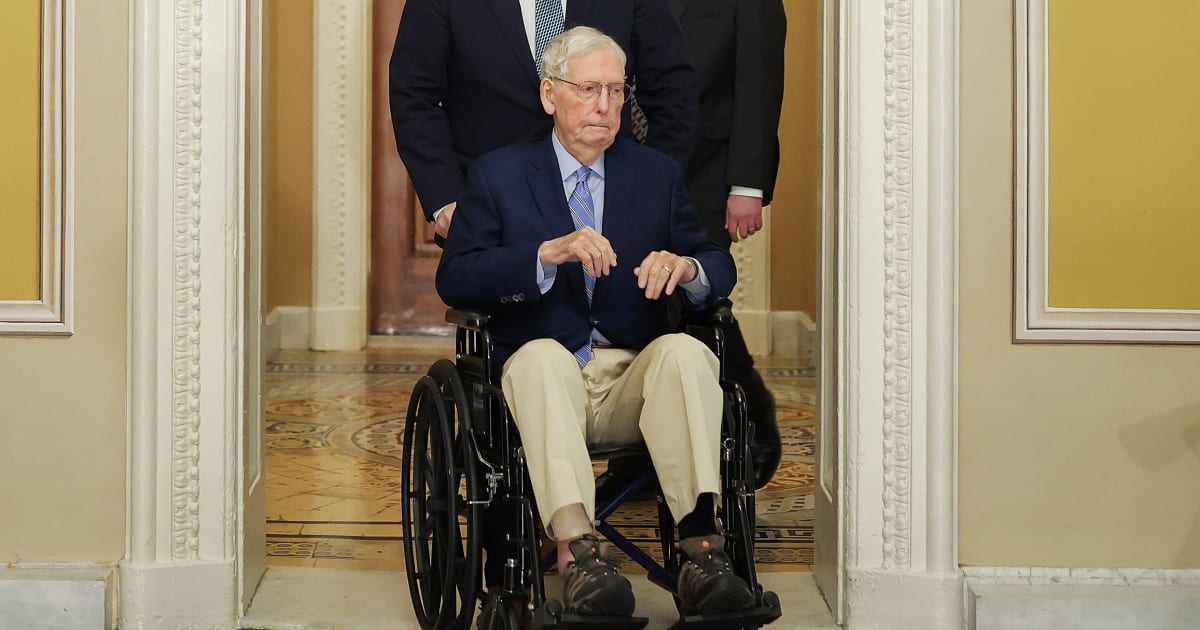 Sen. Mitch McConnell (R-KY) is pushed in a wheelchair through the Capitol during weekly policy luncheons on April 21, 2026 in Washington, DC (Heather Diehl/Getty Images)