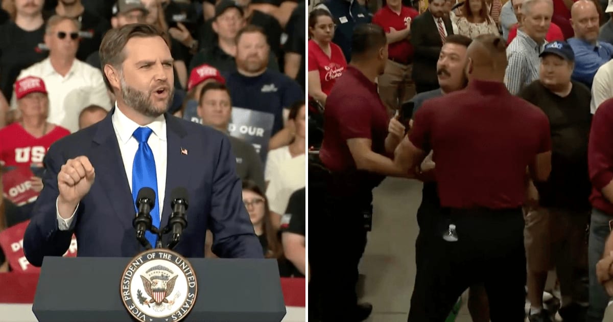A protester was removed from Vice President JD Vance’s Kansas event after interrupting his speech, while supporters chanted 'USA' as security escorted him out (@nicksortor/X)