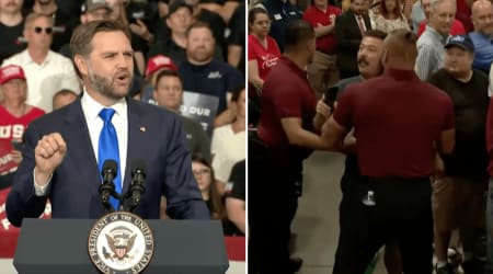 Crowd erupts in ‘USA’ chant as protester removed for heckling JD Vance at Kansas rally