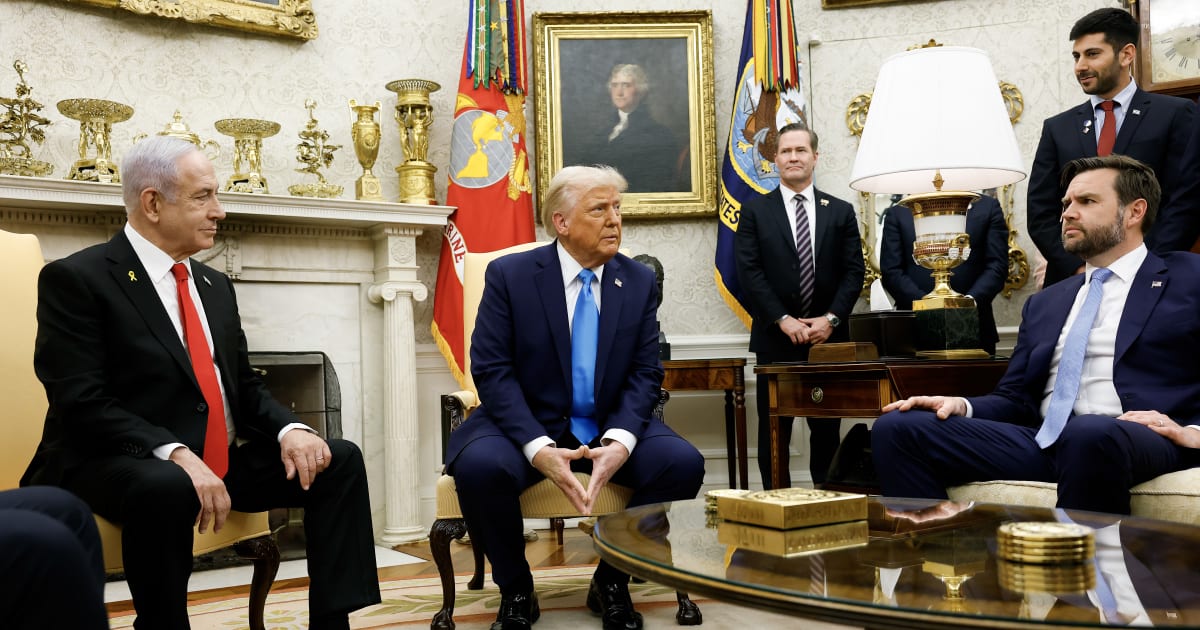 President Donald Trump, accompanied by Israeli Prime Minister Benjamin Netanyahu and Vice President JD Vance, speaks during a meeting in the Oval Office of the White House on February 4, 2025, in Washington, DC (Anna Moneymaker/Getty Images)