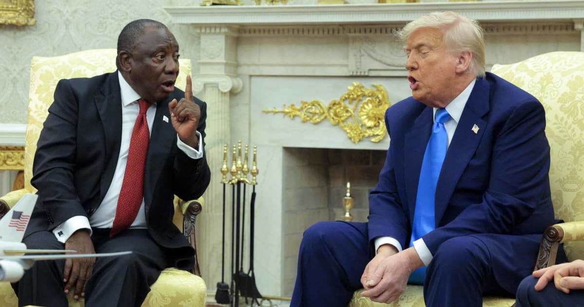 President of South Africa Cyril Ramaphosa and President Donald Trump exchange words during a meeting in the Oval Office of the White House on May 21, 2025, in Washington, DC (Chip Somodevilla/Getty Images)
