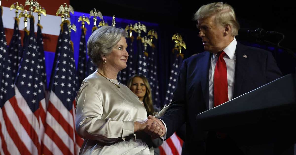 President Donald Trump praises Susie Wiles during an election night event at the Palm Beach Convention Center on November 6, 2024, in West Palm Beach, Florida (Getty Images)