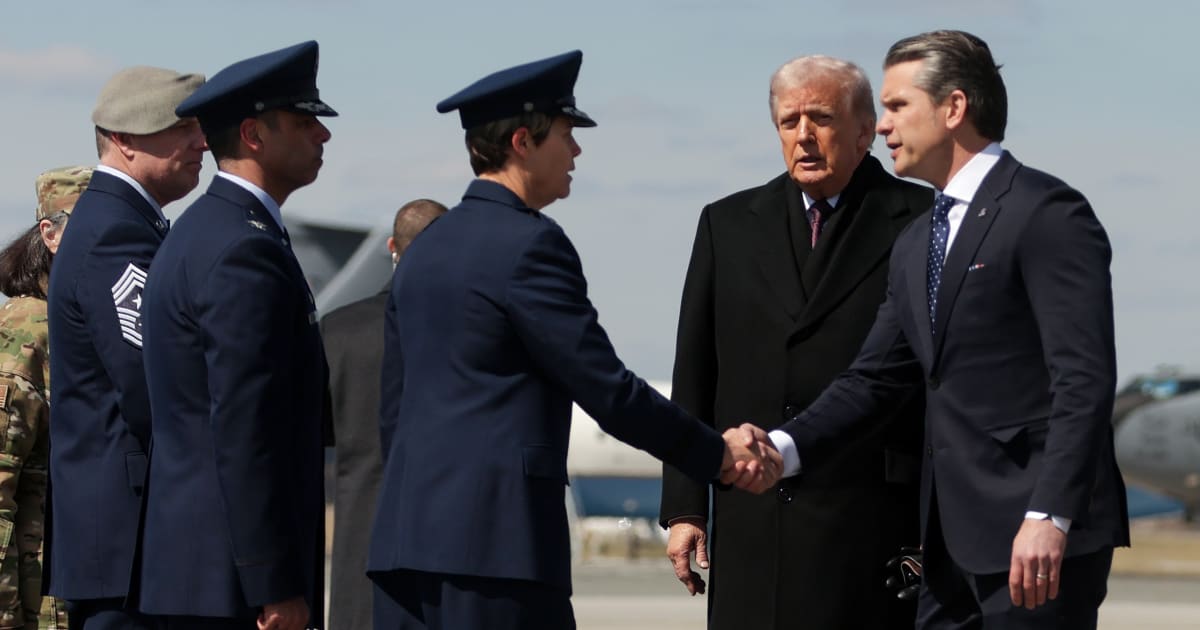 President Donald Trump and Pete Hegseth arrive at Dover Air Force Base on March 18, 2026, in Dover, Delaware (Getty Images)