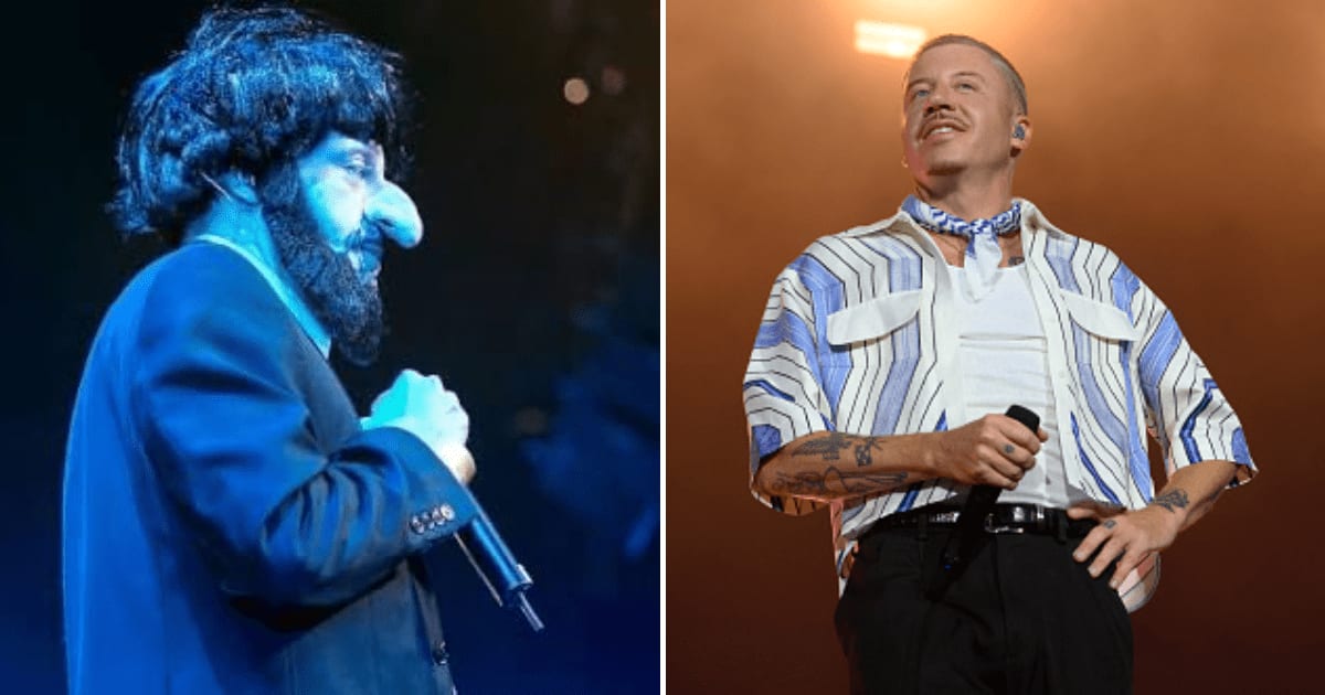 A social media post claims Macklemore once performed in a Jewish costume with anti-Semitic tropes (@JoshMalina/X, Getty Images)
