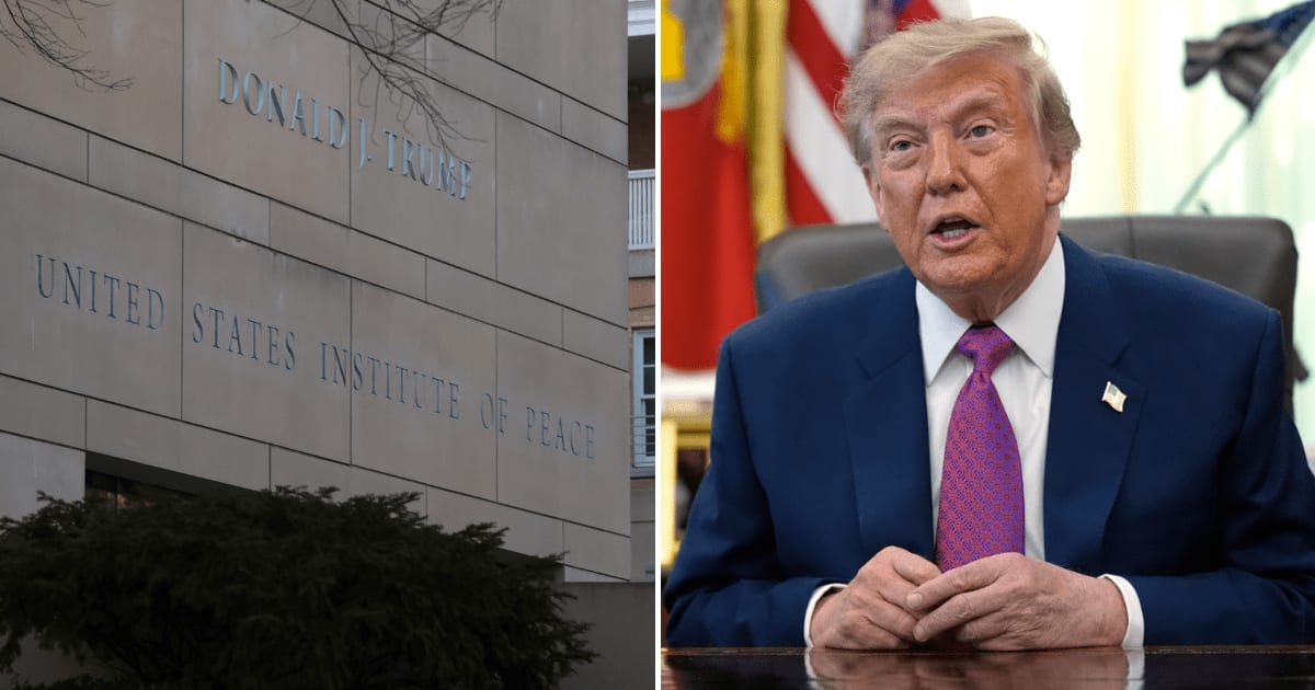 Ousted board members of the US Institute of Peace (USIP) filed an emergency motion to block President Donald Trump’s name from being carved into its headquarters, saying a contractor has already been selected for the work (Getty Images)