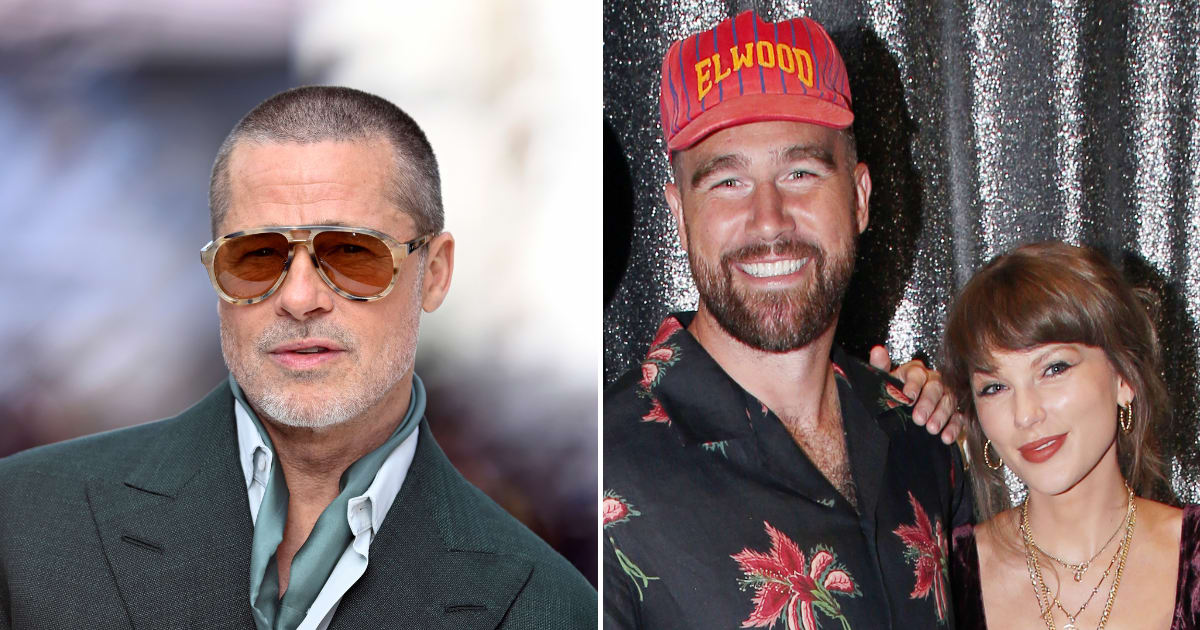 Brad Pitt says he was at Taylor Swift and Travis Kelce’s wedding for more than 10 hours (Gareth Cattermole/Getty Images, Bruce Glikas/WireImage)