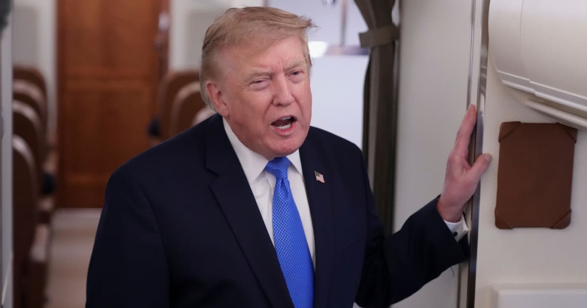President Donald Trump speaks to reporters onboard Air Force One while returning to the White House, Sunday, August 2, 2026 (AP Photo/Jacquelyn Martin)