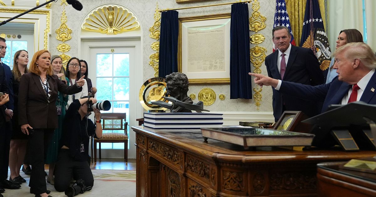 President Donald Trump points to reporters as he speaks during an event in the Oval Office of the White House on Friday, September 18, 2026, in Washington (AP Photo/Jacquelyn Martin)