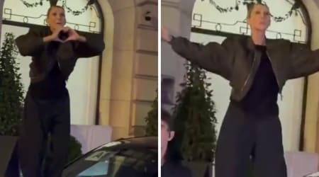 Celine Dion gives spontaneous barefoot performance on top of car after Paris concert