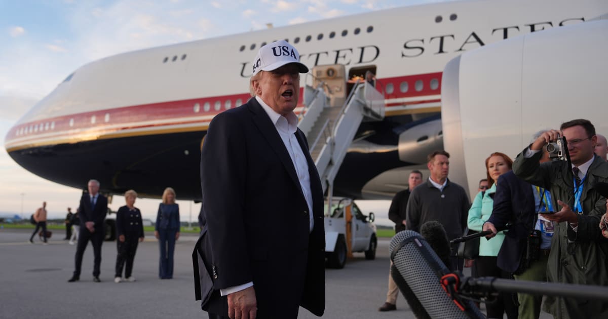 President Donald Trump speaks with journalists prior to boarding Air Force One at Shannon Airport in Shannon, Ireland, Sunday, September 13, 2026 (AP Photo/Julia Demaree Nikhinson)