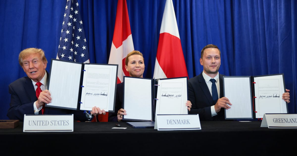 Trump signed the agreement in New York with Danish Prime Minister Mette Frederiksen and Greenland Premier Jens-Frederik Nielsen (Chip Somodevilla/Getty Images)