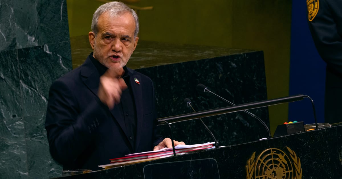 President of Iran Masoud Pezeshkian speaks during the 81st session of the United Nations General Assembly at UN Headquarters on September 23, 2026, in New York City (Alexi J Rosenfeld/Getty Images)
