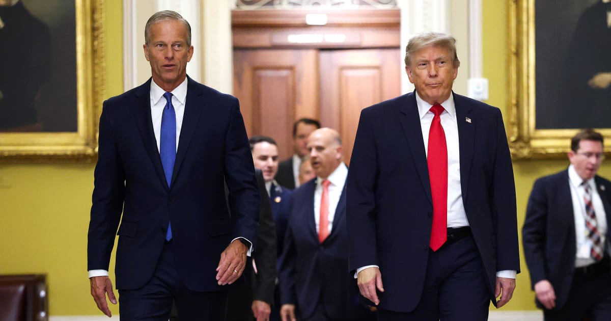 Senate Majority Leader John Thune and President Donald Trump arrive at the  Capitol on June 24, 2026, in Washington, DC (Getty Images)