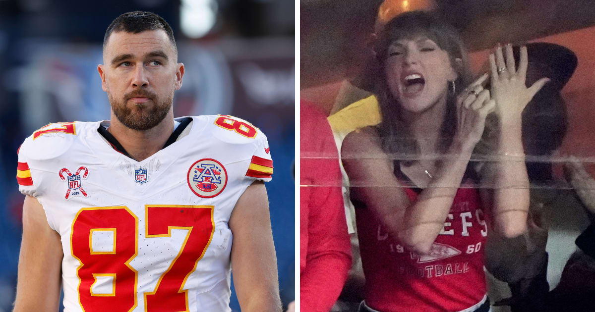 Taylor Swift’s animated touchdown celebration included pointing at her wedding ring while proudly cheering Travis Kelce from the stands (AP Photos, Getty Images)