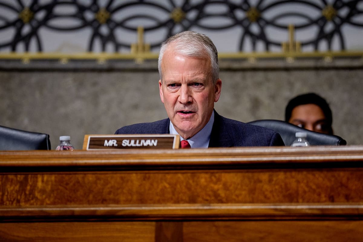 Sen. Dan Sullivan (R-AK) speaks as United States Northern Command and North American Aerospace Defense Command (USNORTHCOM) Commander Gen. Gregory Guillot, Principal Deputy Assistant Secretary of Defense for Homeland Defense and Americas Security Affairs Mark Ditlevson, and Department of War Principal Deputy General Counsel Charles Young III, appear at a Senate Committee on Armed Services hearing on Capitol Hill on December 11, 2025 in Washington, DC.