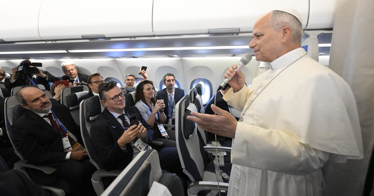 Pope Leo XIV meets the media on the Papal flight from Rome to Paris on September 25, 2026, in Paris, France (Getty Images)