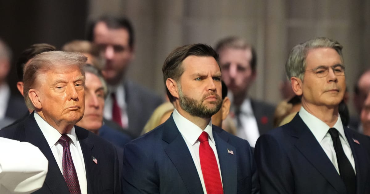 President Donald Trump, Vice President JD Vance and Treasury Secretary Scott Bessent attend the funeral of Sen Lindsey Graham, R-SC, at the Washington National Cathedral, Tuesday, July 28, 2026 (AP Photo/Alex Brandon)