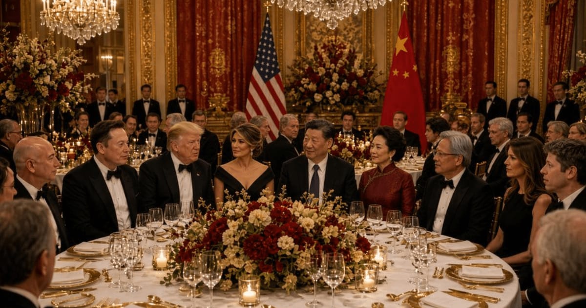 An image showed Trump, Xi, Elon Musk and Jeff Bezos at the White House dinner (@danicapavi4339/x)
