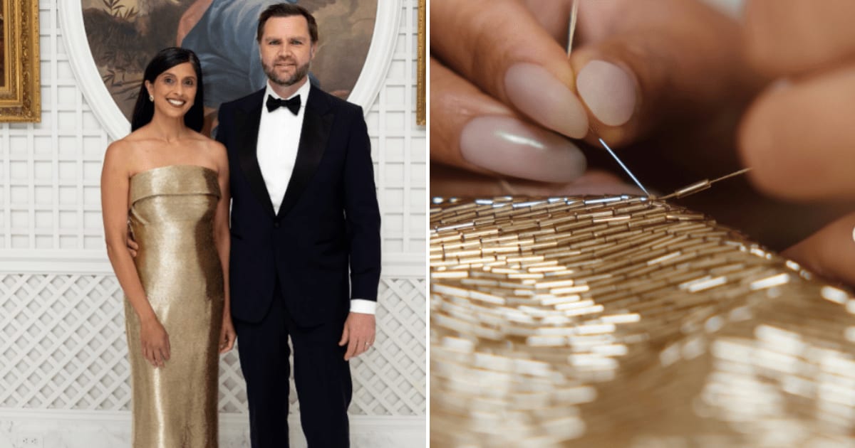 Second Lady Usha Vance wore a dazzling gold Oscar de la Renta gown with a strapless neckline and shimmering floor-length silhouette (@oscardelarenta/Instagram)