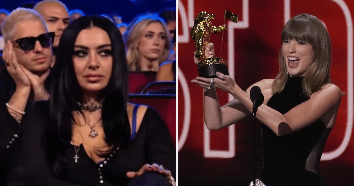 A clip of Charli XCX at the 2026 MTV VMAs is circulating online with claims that she appeared unimpressed as Taylor Swift accepted an award (@petaltrin/X, AP Photo/Chris Pizzello)