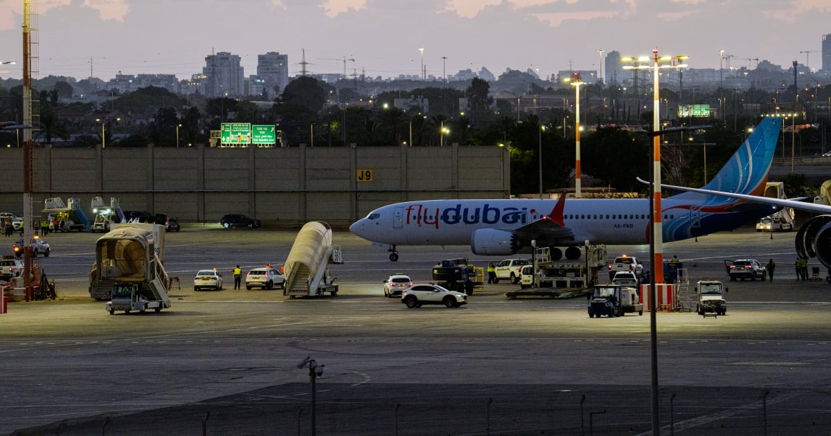 A plane carrying passengers from an earlier Flydubai flight that was diverted to Saudi Arabia arrives at Ben Gurion Airport on September 30, 2026, in Tzafria, Israel (Getty Images)