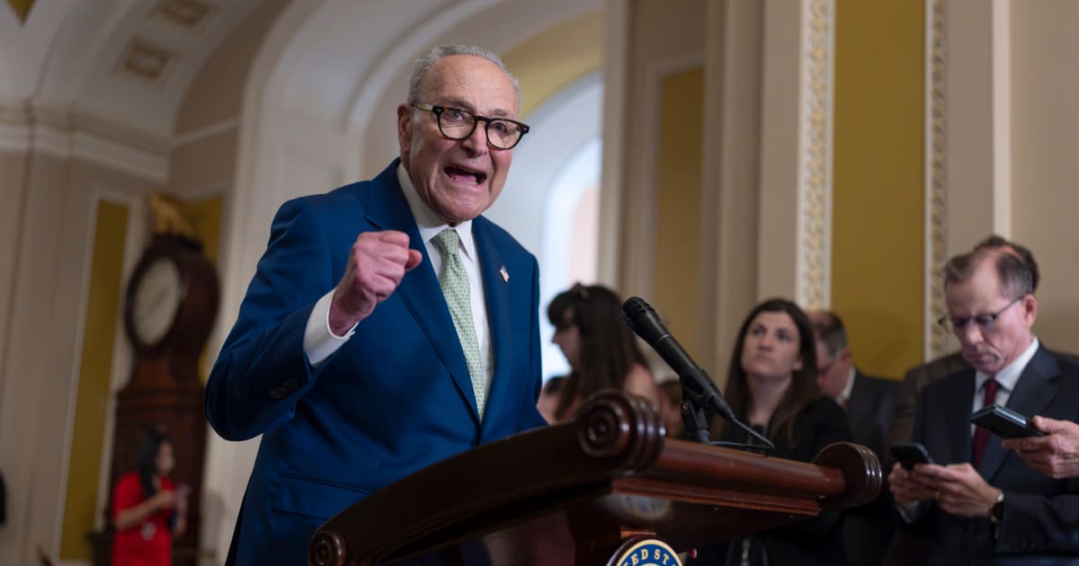 Senate Minority Leader Chuck Schumer, D-NY, speaks with reporters at the Capitol in Washington, Wednesday, July 15, 2026 (AP Photo/J Scott Applewhite)