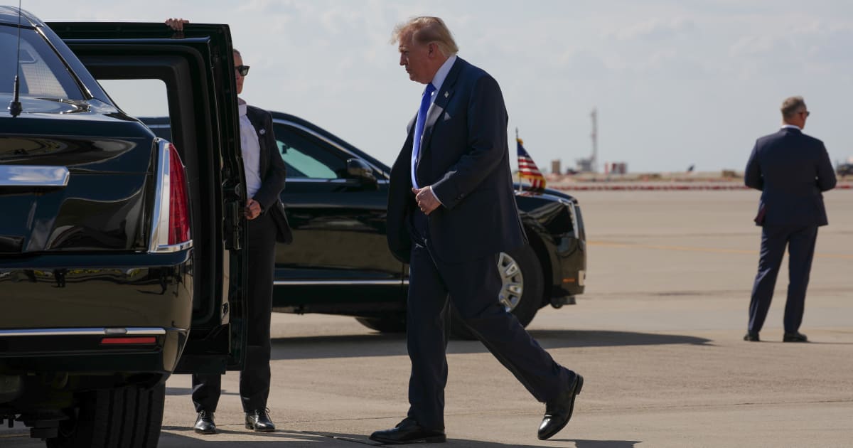 President Donald Trump walks to the presidential limousine, nicknamed 'the Beast', after arriving on September 9, 2026, at Dallas Fort Worth International Airport, Texas (Andrew Harnik/Getty Images)
